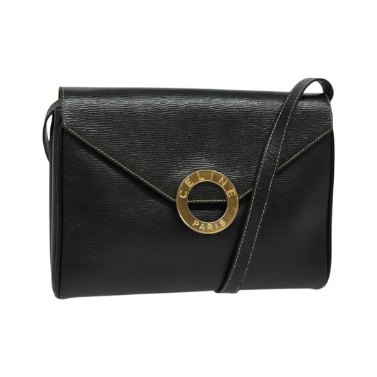 Celine Vintage Circle Logo Leather, Black, Leather, Handbag
