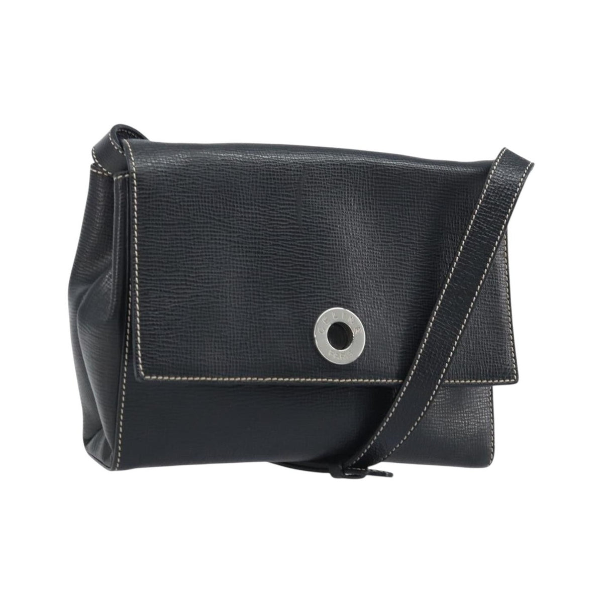 Celine Vintage Circle Logo Leather, Black, Leather, Crossbody Bag