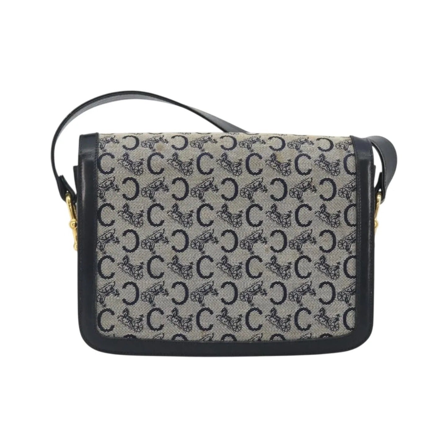 Celine Vintage Horse Carriage C Macadam Canvas and Leather, Navy, Canvas, Shoulder Bag