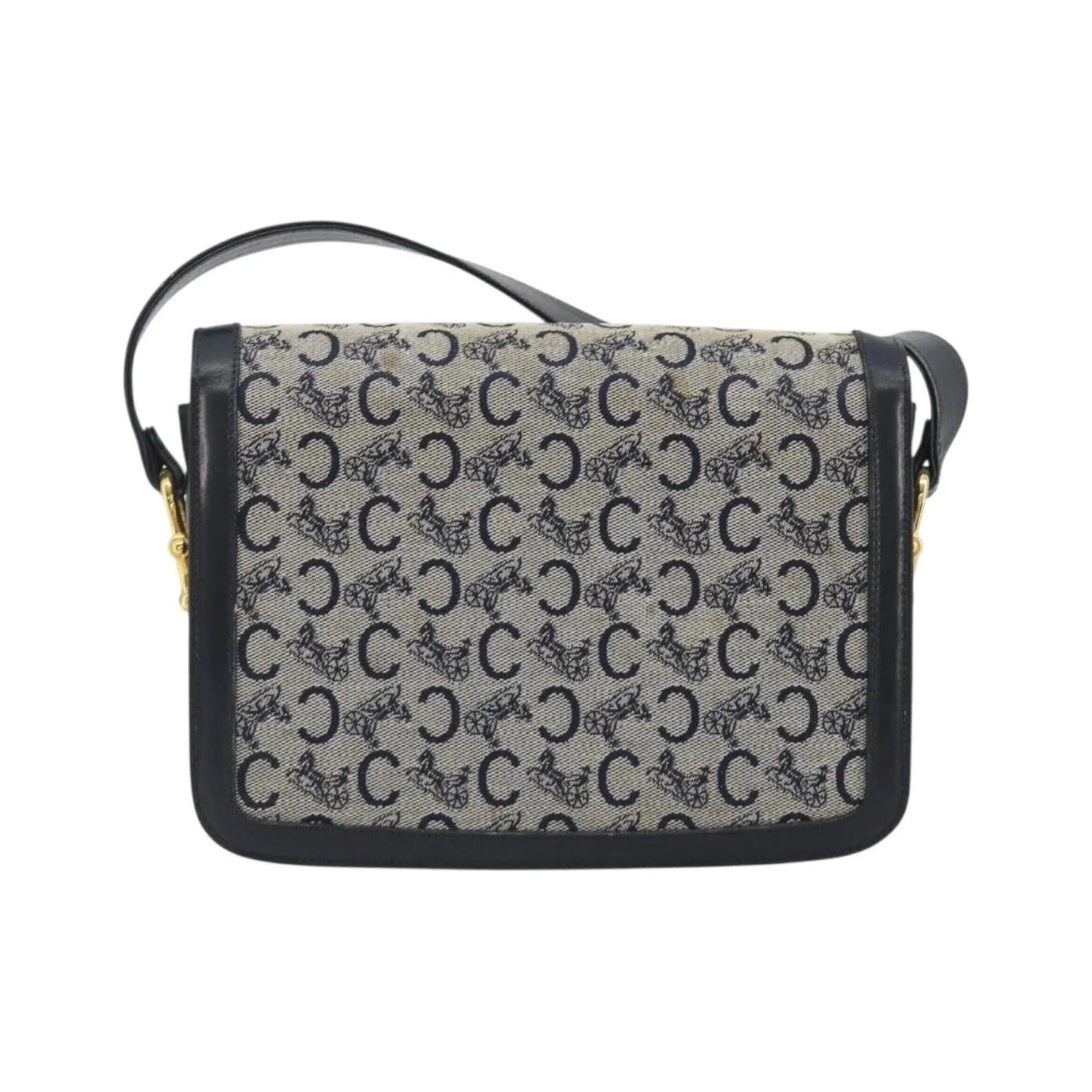 Celine Vintage Horse Carriage C Macadam Canvas and Leather, Navy, Canvas, Shoulder Bag