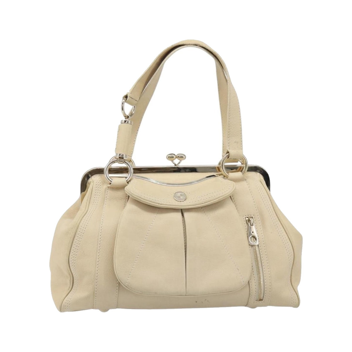 Celine Vintage Kisslock Frame Leather, Beige, Leather, Handbag