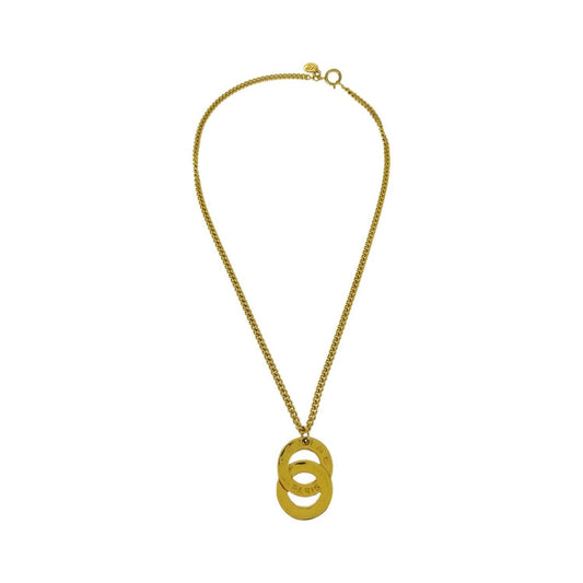 Celine Vintage Logo Circle Pendant Metal, Gold, Gold Plated, Necklace