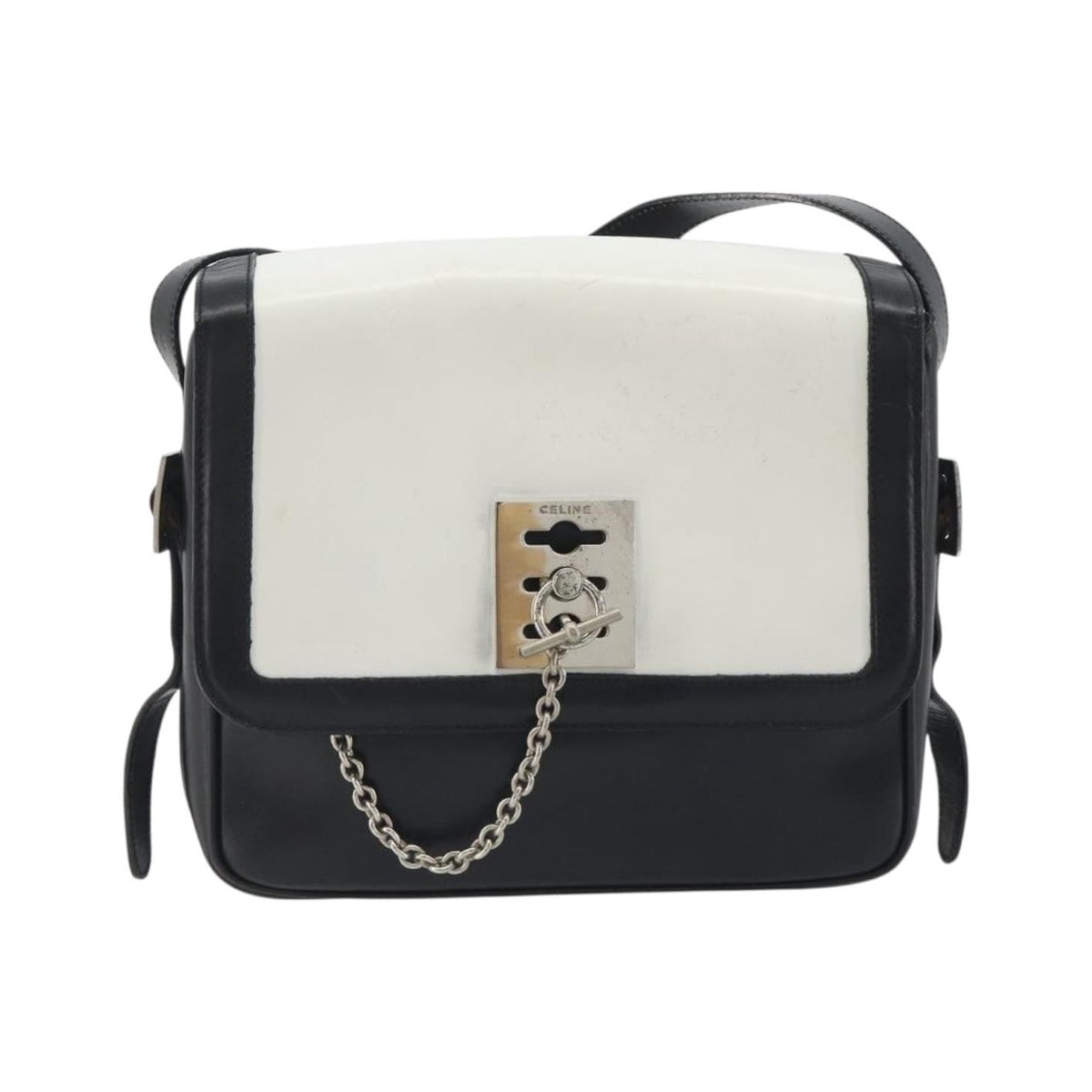 Celine Vintage Macadam Canvas, White, Leather, Shoulder Bag