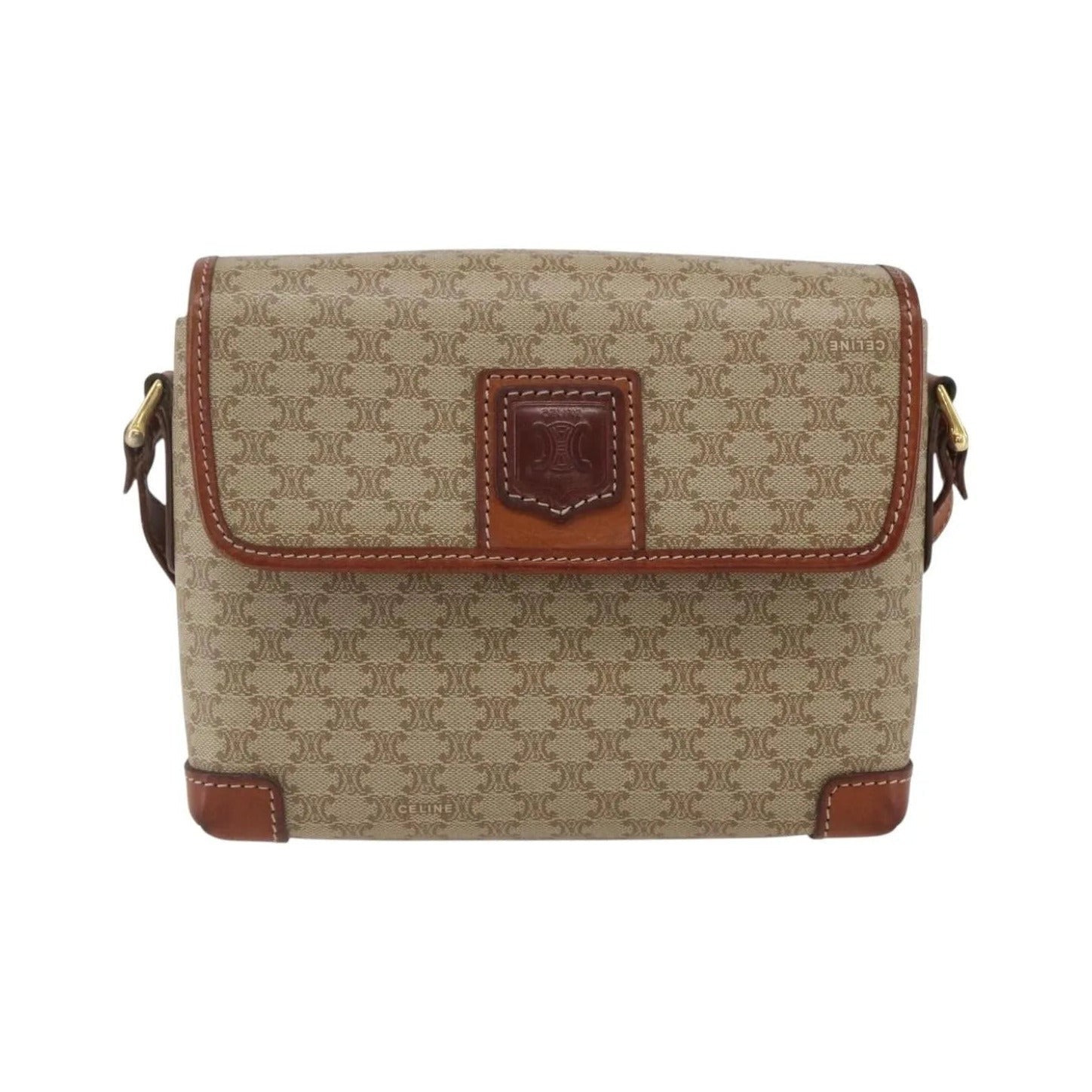 Celine Vintage Macadam Canvas and Leather, Beige, Canvas, Shoulder Bag