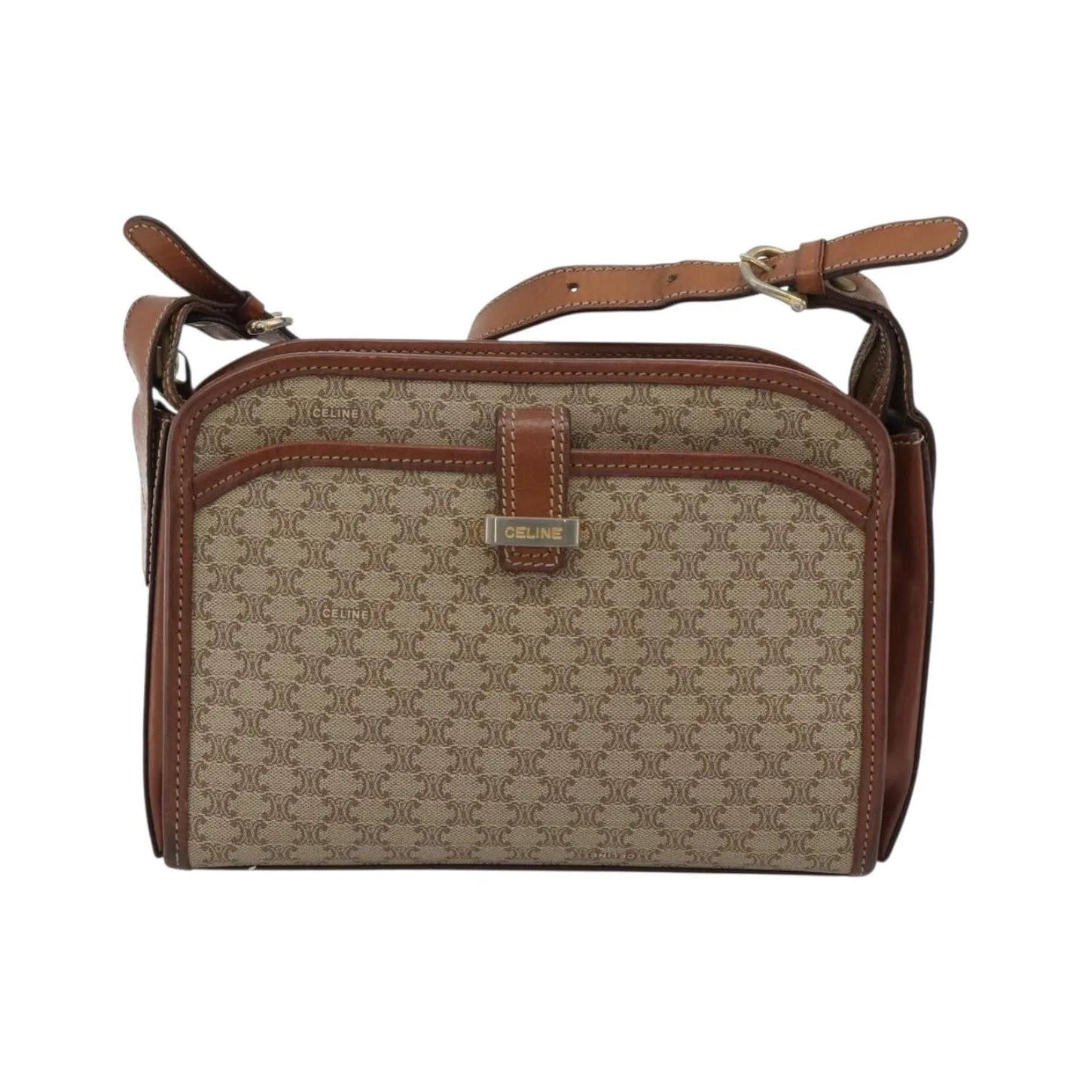 Celine Vintage Macadam Canvas and Leather, Beige, Canvas, Shoulder Bag
