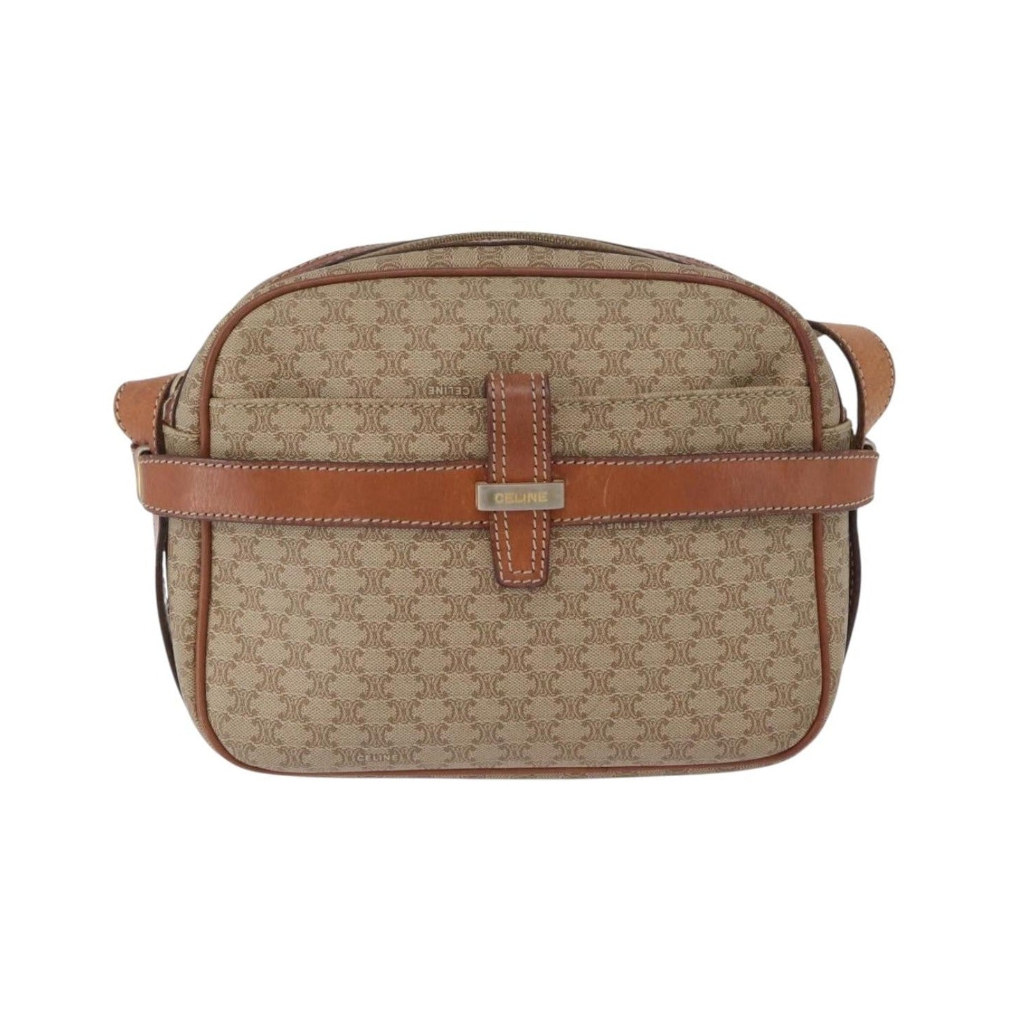 Celine Vintage Macadam Canvas and Leather, Beige, Canvas, Shoulder Bag