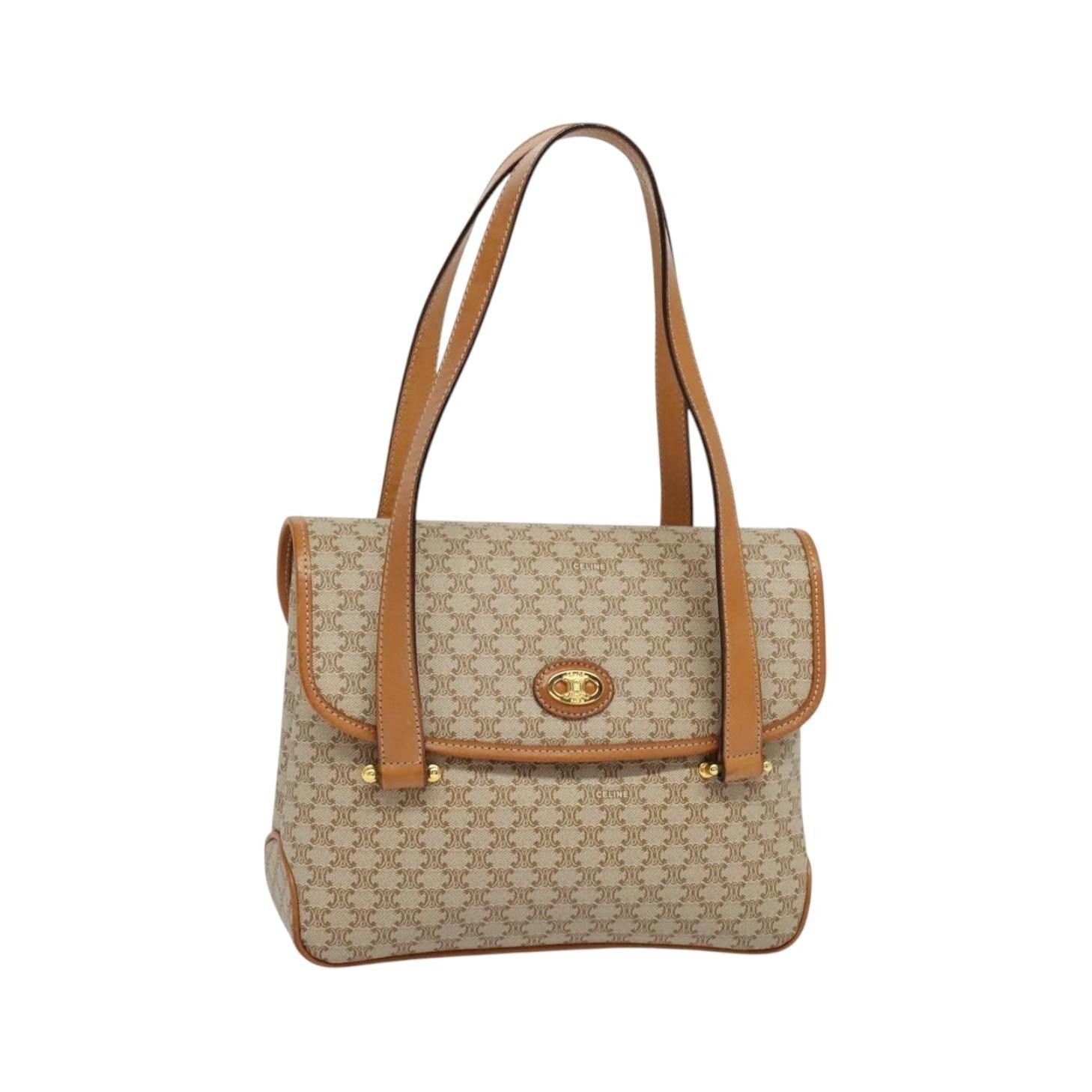 Celine Vintage Macadam Canvas and Leather, Beige, Canvas, Handbag