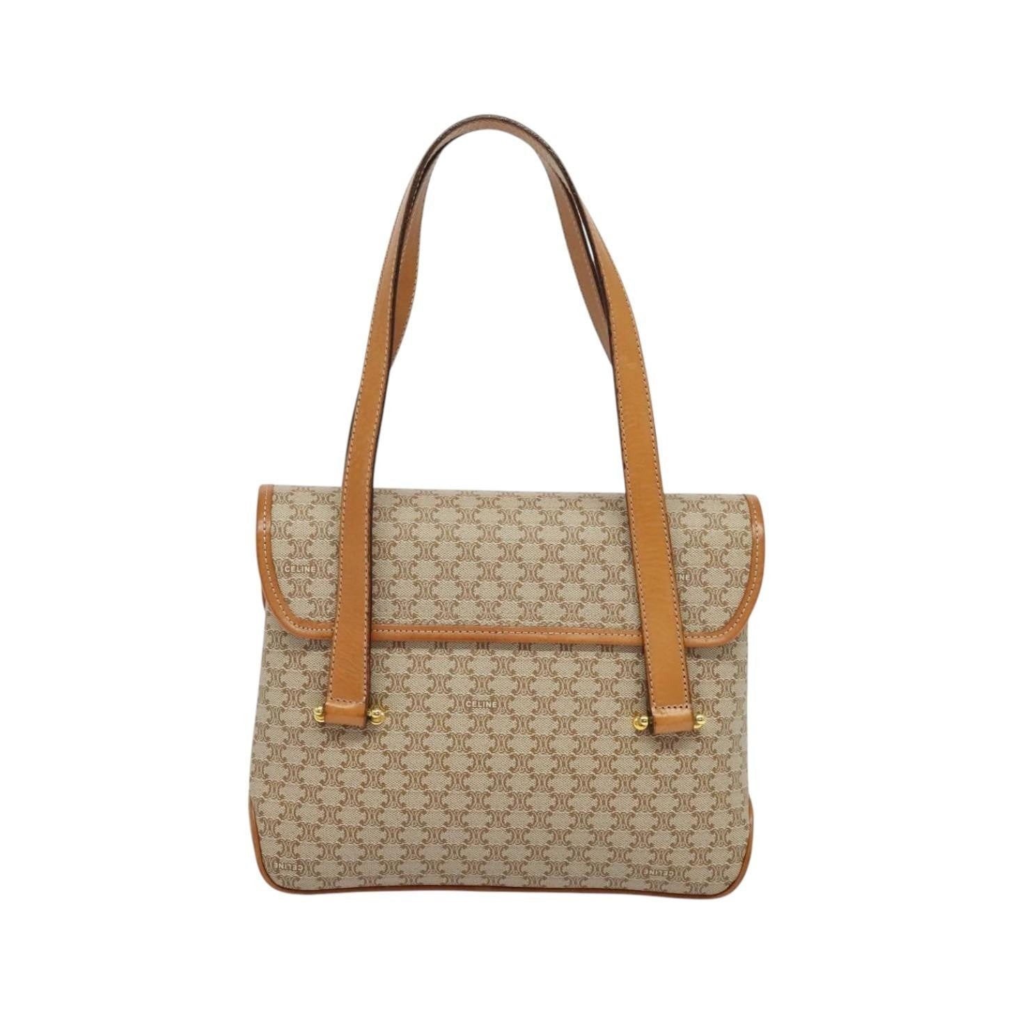 Celine Vintage Macadam Canvas and Leather, Beige, Canvas, Handbag