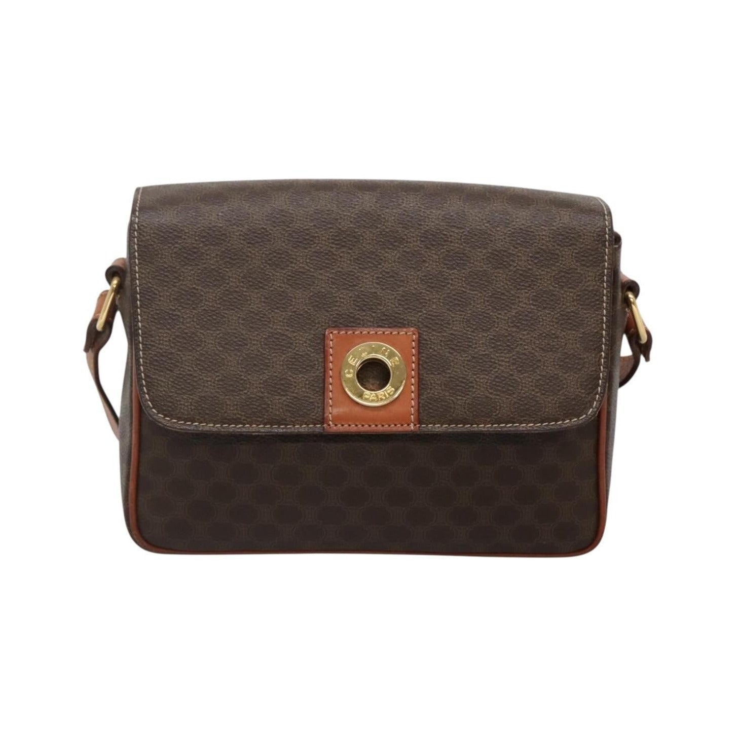 Celine Vintage Macadam Canvas and Leather, Brown, Canvas, Shoulder Bag