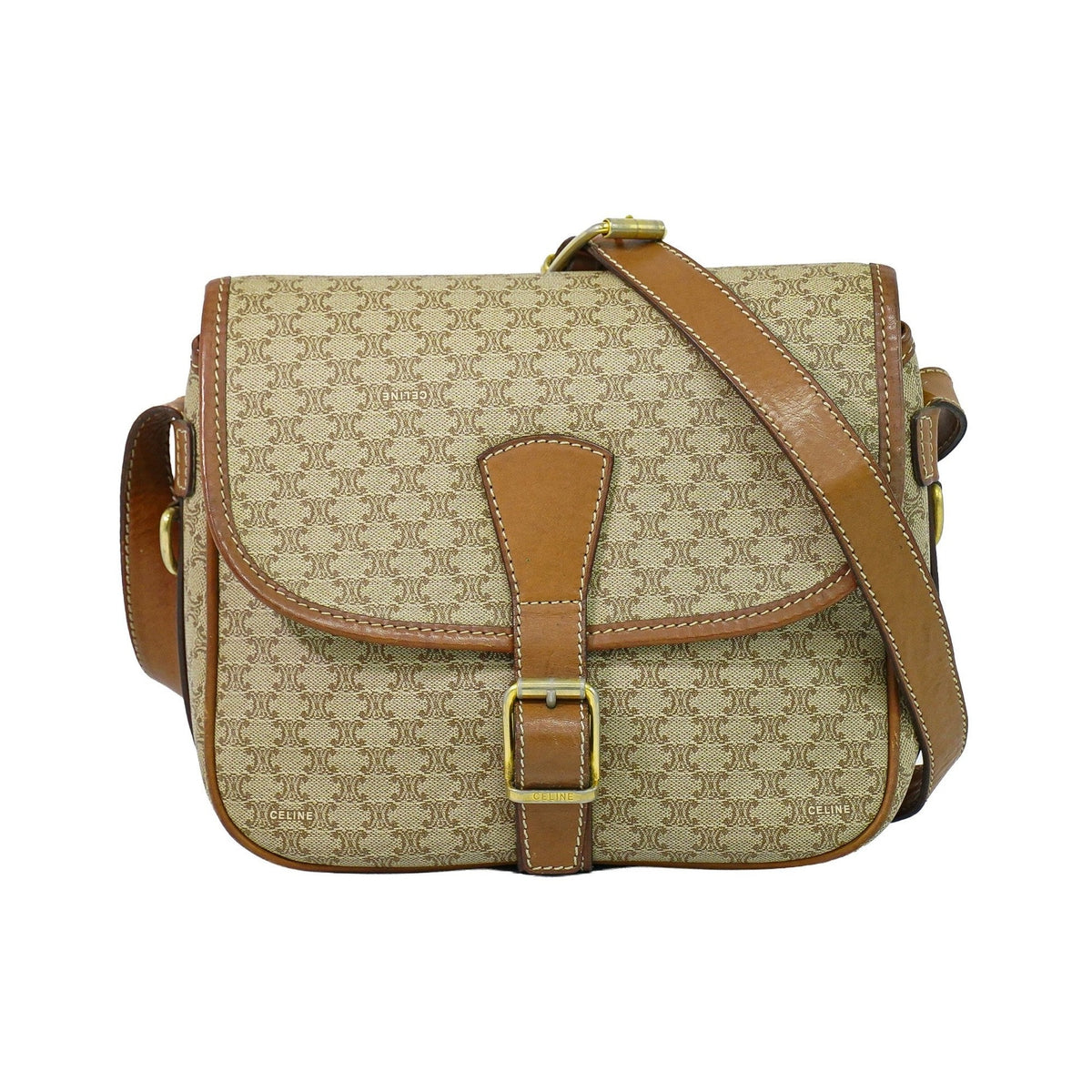 Celine Vintage Macadam Canvas and Leather, Beige, Canvas, Shoulder Bag