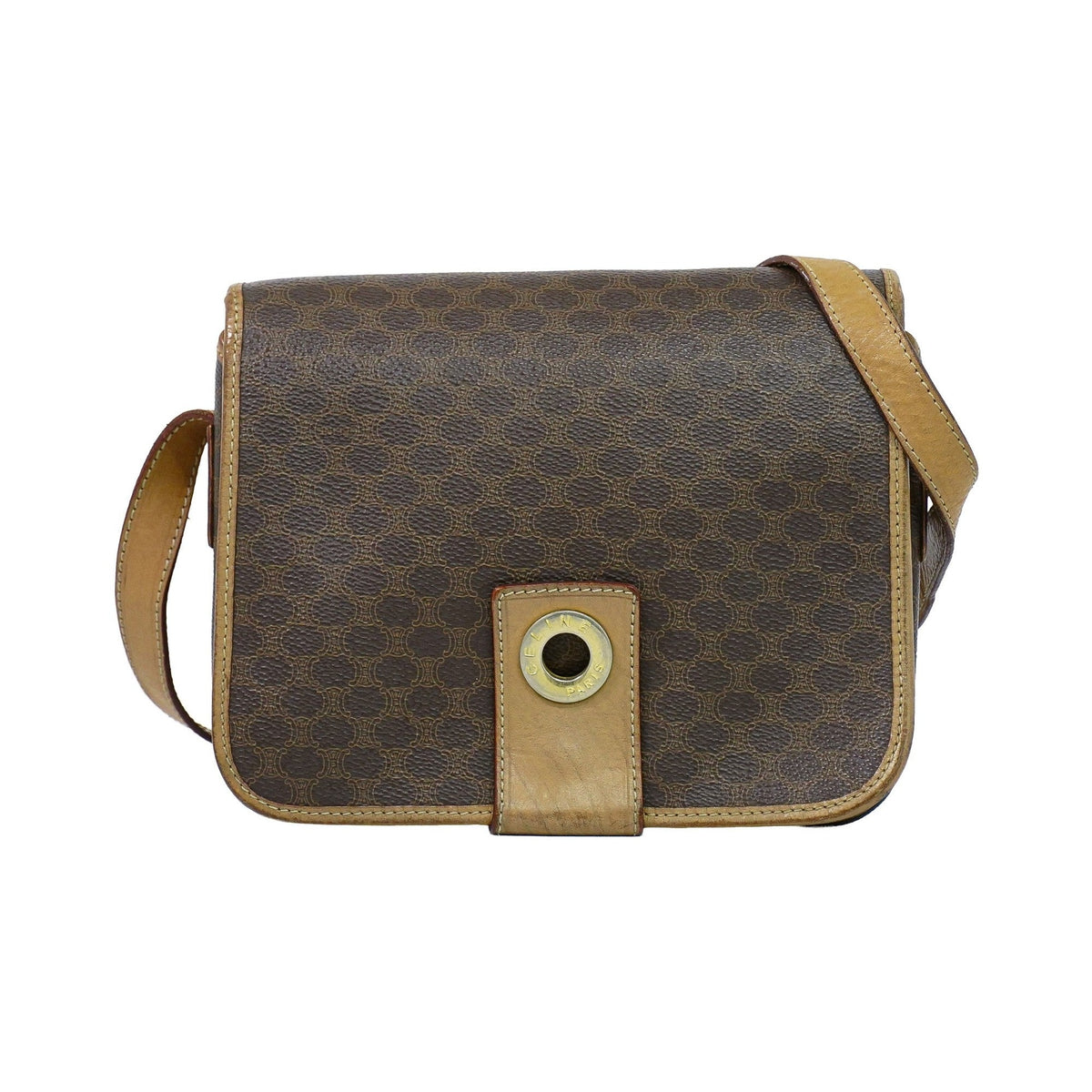 Celine Vintage Macadam Canvas and Leather, Brown, Canvas, Shoulder Bag