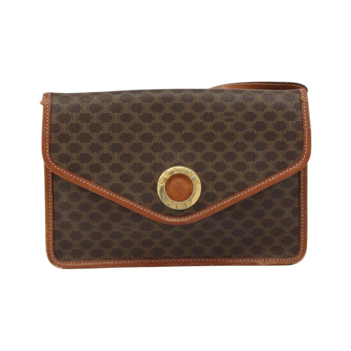 Celine Vintage Macadam Circle Logo Canvas and Leather, Brown, Canvas, Shoulder Bag