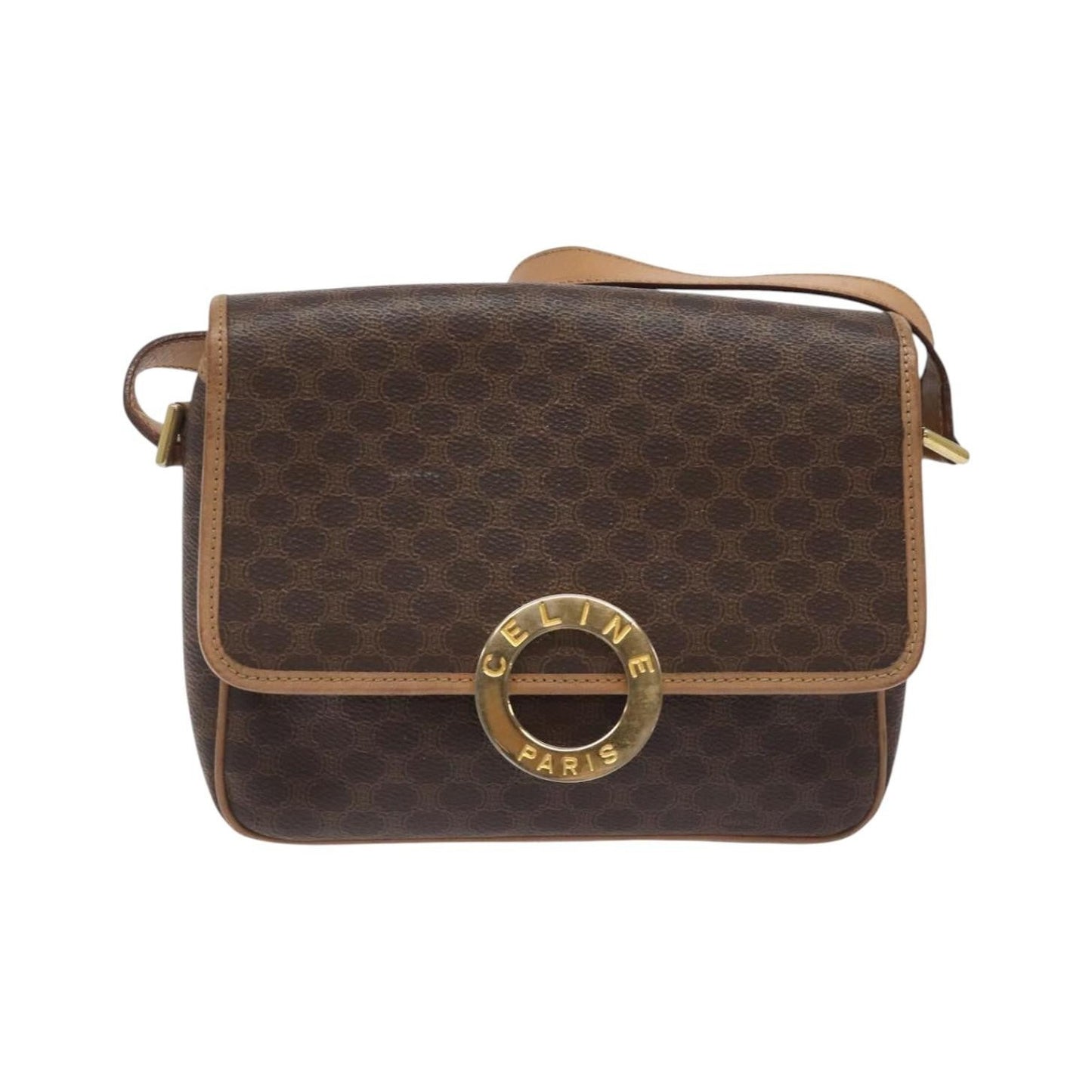 Celine Vintage Macadam Circle Logo Canvas and Leather, Brown, Canvas, Shoulder Bag