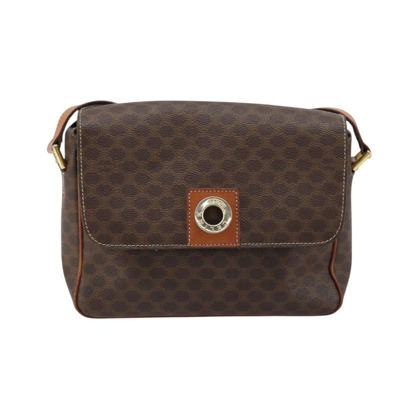 Celine Vintage Macadam Circle Logo Canvas and Leather, Brown, Canvas, Shoulder Bag