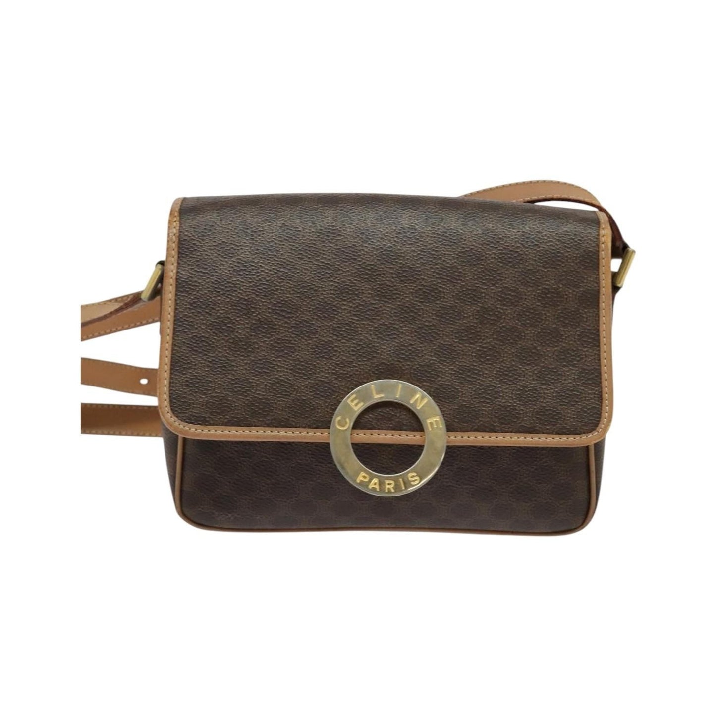 Celine Vintage Macadam Circle Logo Canvas and Leather, Brown, Canvas, Shoulder Bag
