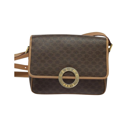 Celine Vintage Macadam Circle Logo Canvas and Leather, Brown, Canvas, Shoulder Bag