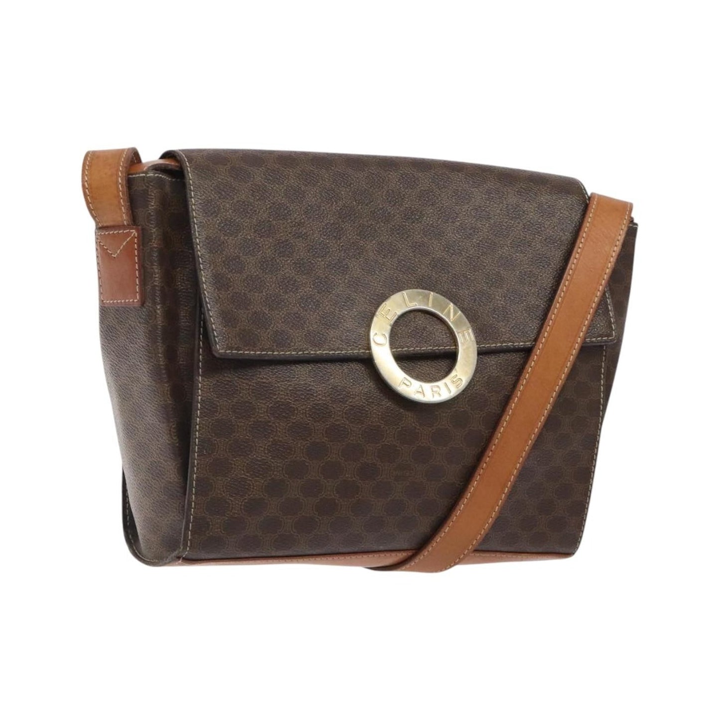 Celine Vintage Macadam Circle Logo Canvas and Leather, Brown, Canvas, Shoulder Bag