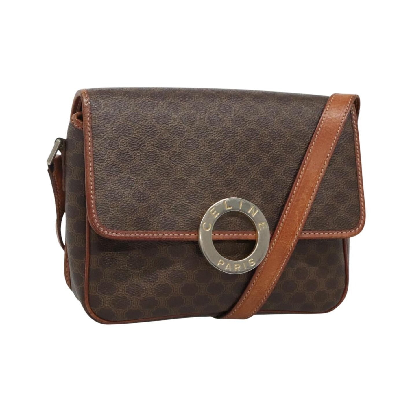 Celine Vintage Macadam Circle Logo Canvas and Leather, Brown, Canvas, Shoulder Bag