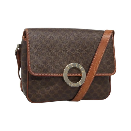 Celine Vintage Macadam Circle Logo Canvas and Leather, Brown, Canvas, Shoulder Bag