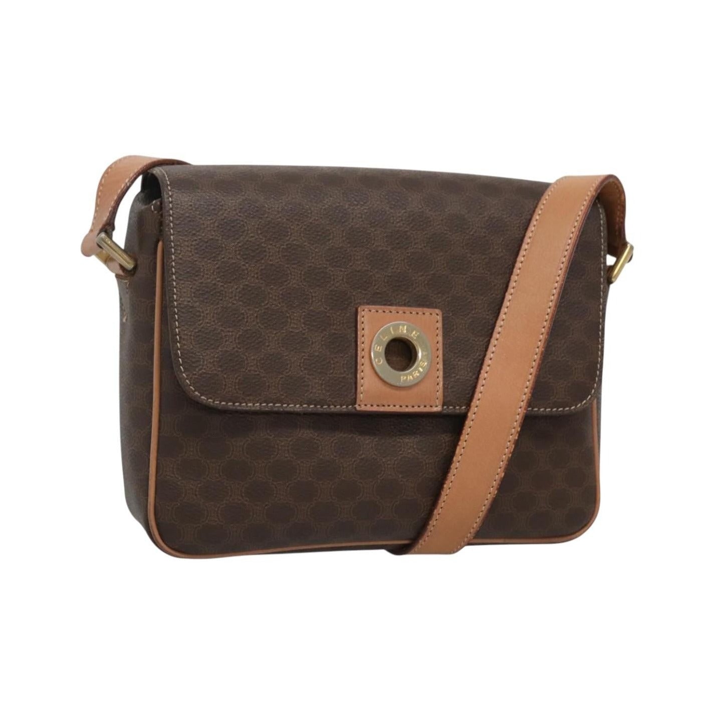 Celine Vintage Macadam Circle Logo Canvas and Leather, Brown, Canvas, Shoulder Bag