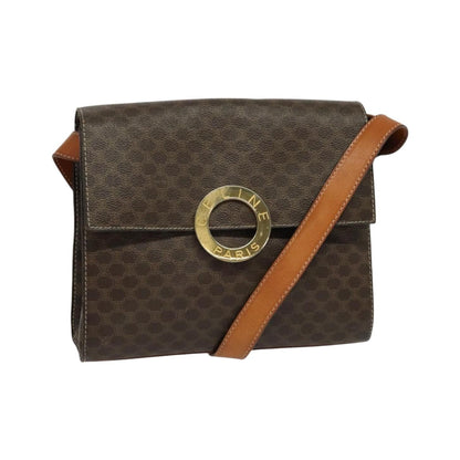 Celine Vintage Macadam Circle Logo Canvas and Leather, Brown, Canvas, Shoulder Bag