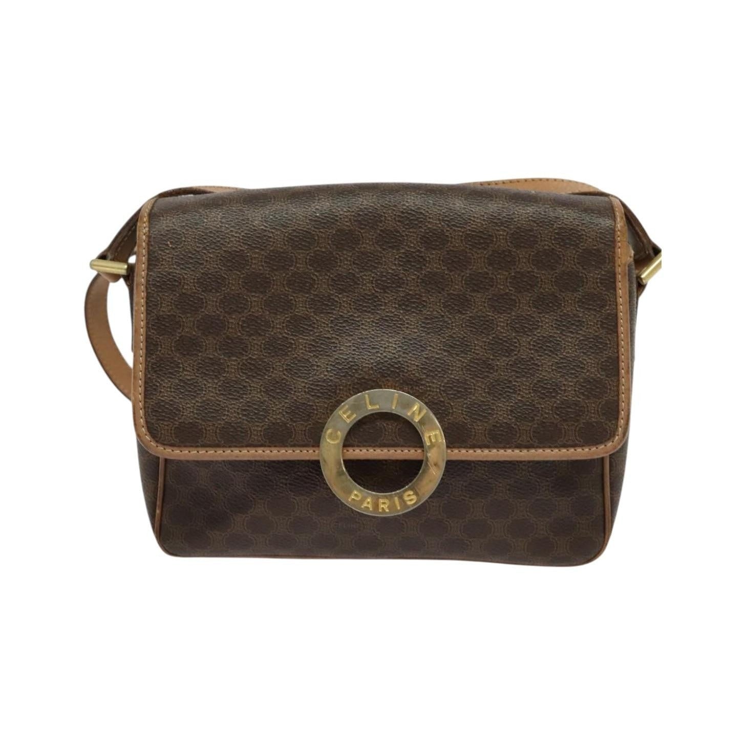 Celine Vintage Macadam Circle Logo Canvas and Leather, Brown, Canvas, Shoulder Bag
