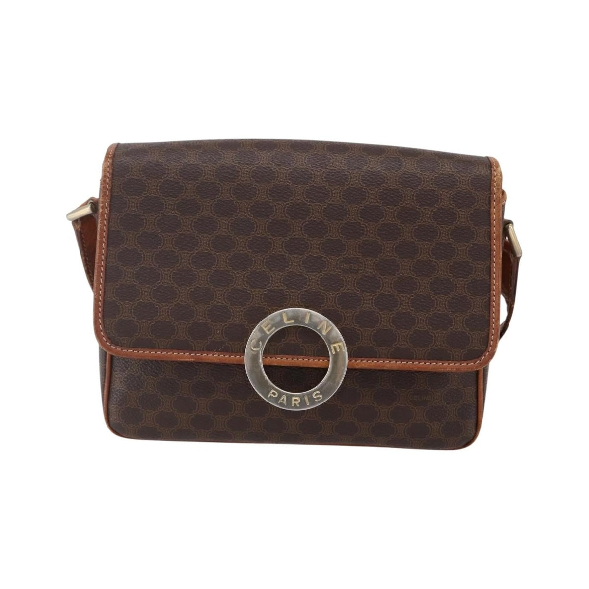 Celine Vintage Macadam Circle Logo Canvas and Leather, Brown, Canvas, Shoulder Bag