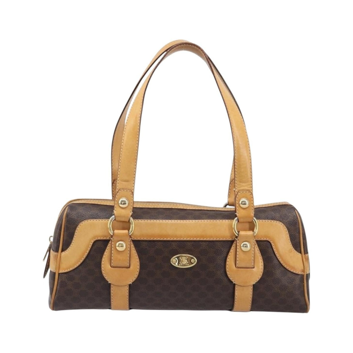 Celine Vintage Shoulder Bag Macadam Canvas & Leather, Brown, PVC, Shoulder Bag