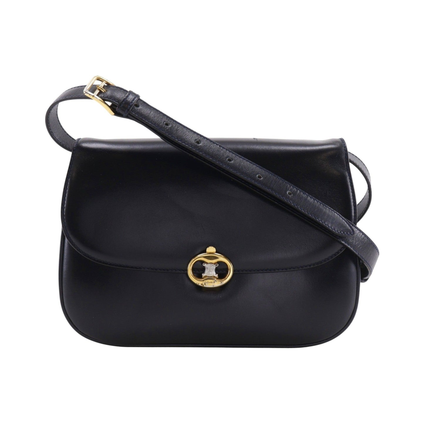 Celine Vintage Triomphe Flap Leather, Black, Calfskin, Shoulder Bag