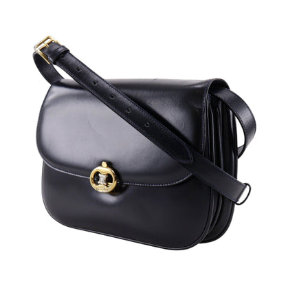 Celine Vintage Triomphe Flap Leather, Black, Calfskin, Shoulder Bag
