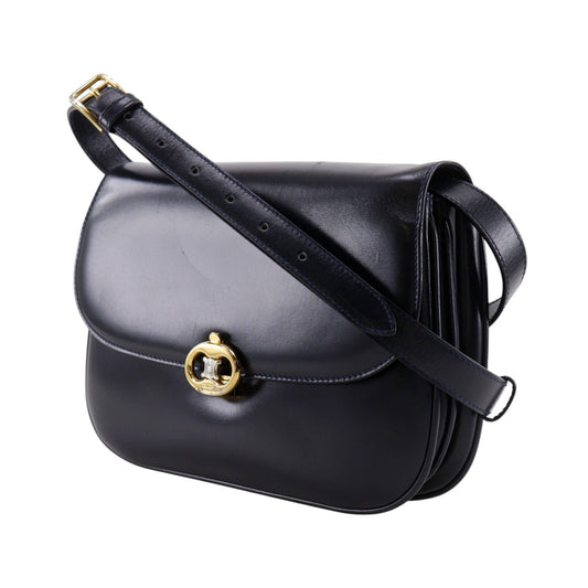 Celine Vintage Triomphe Flap Leather, Black, Calfskin, Shoulder Bag