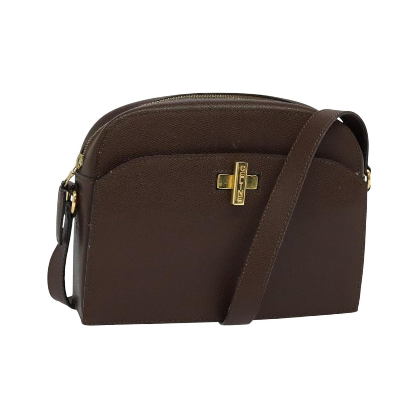 Celine Vintage Turnlock Leather, Brown, Leather, Shoulder Bag