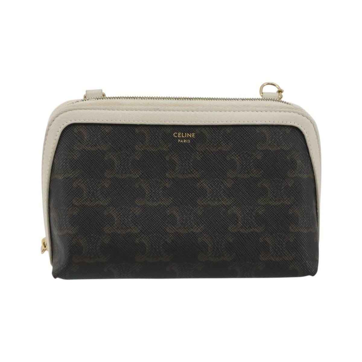 Celine Zip Around Chain Clutch Triomphe Coated Canvas, Brown, Canvas, Clutch