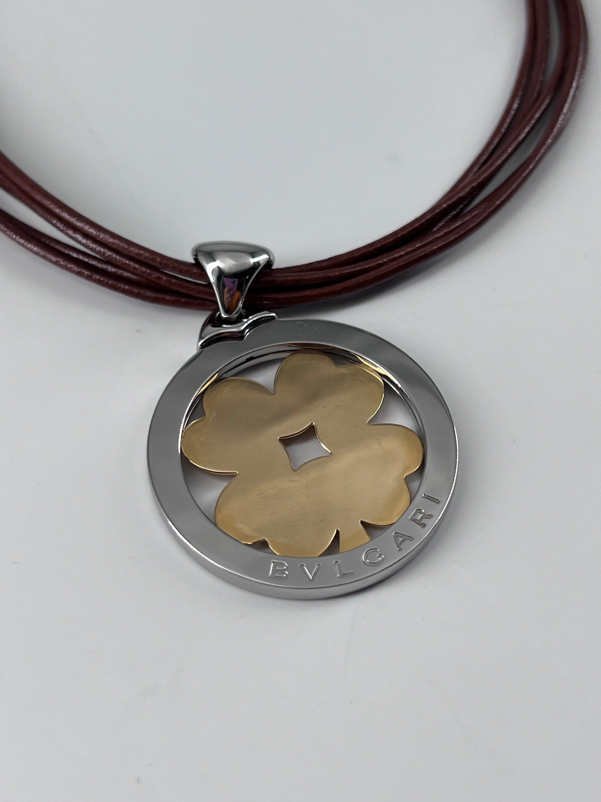 Bvlgari Tondo Clover Pendant Necklace Stainless Steel with 18K Yellow Gold and Cord, BROWN, YELLOW_GOLD, Necklace