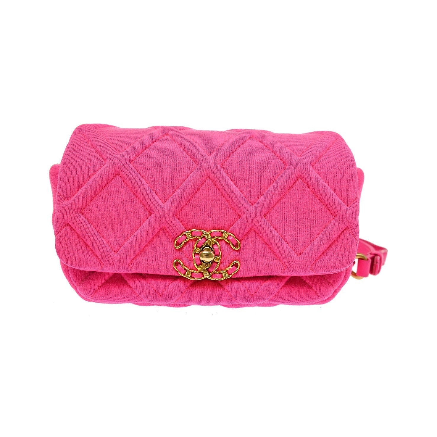 Chanel 19 Belt Quilted Jersey, Pink, Canvas, Shoulder Bag