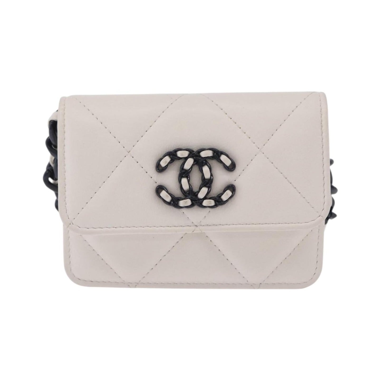 Chanel 19 Flap Coin Purse Belt Quilted Lambskin, White, Leather, Clutch