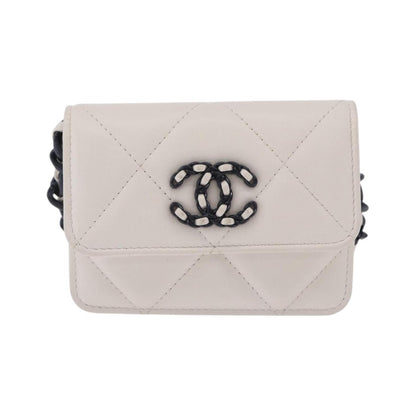 Chanel 19 Flap Coin Purse Belt Quilted Lambskin, White, Leather, Clutch