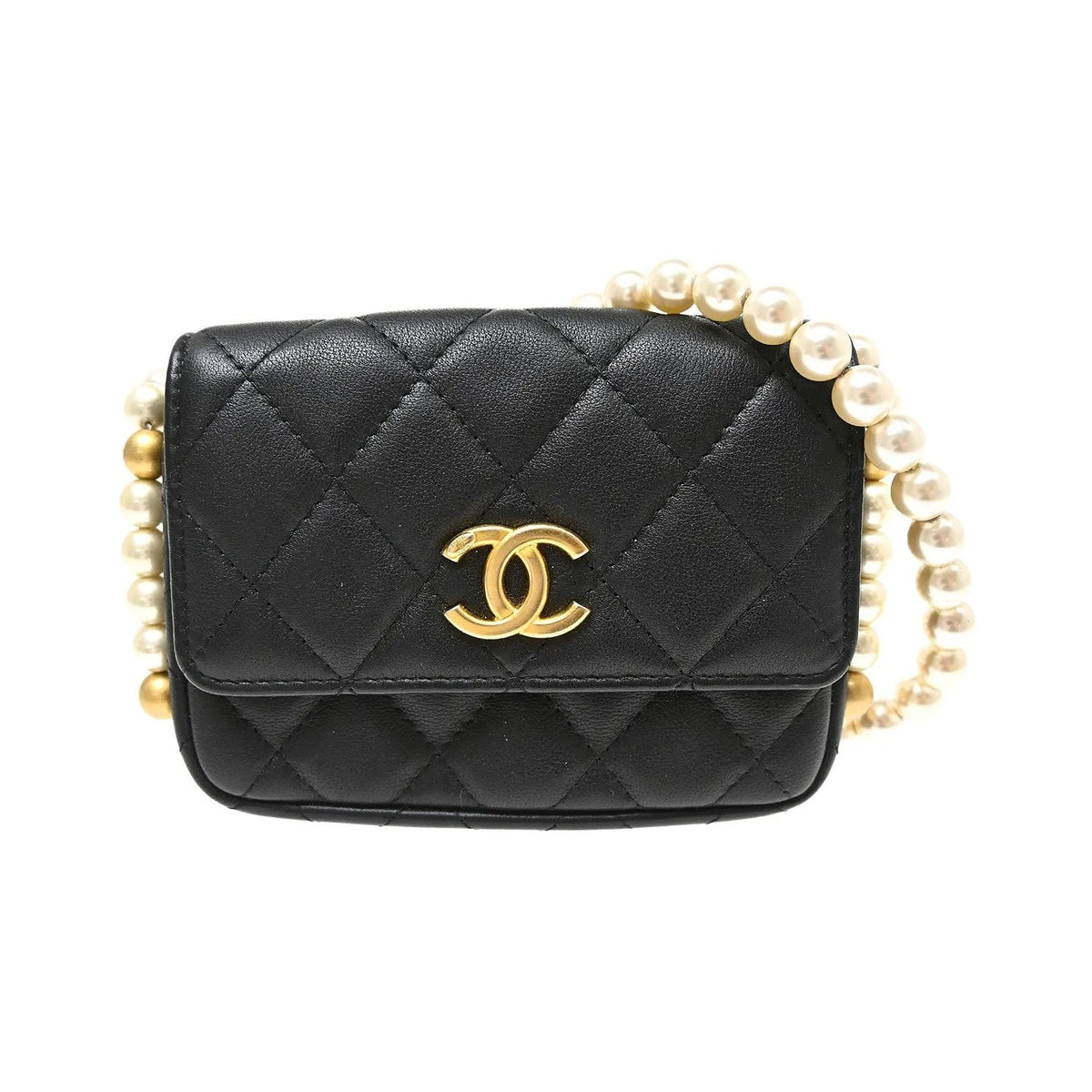 Chanel About Pearls Flap Card Holder with Chain Lambskin, Black, Leather, Shoulder Bag