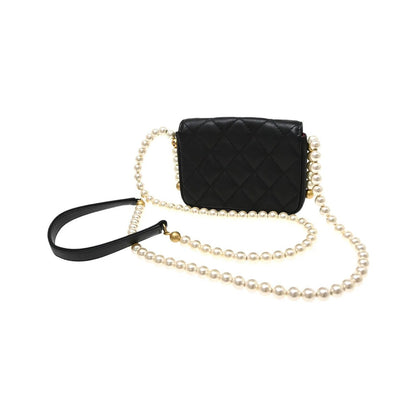 Chanel About Pearls Flap Card Holder with Chain Lambskin, Black, Leather, Shoulder Bag