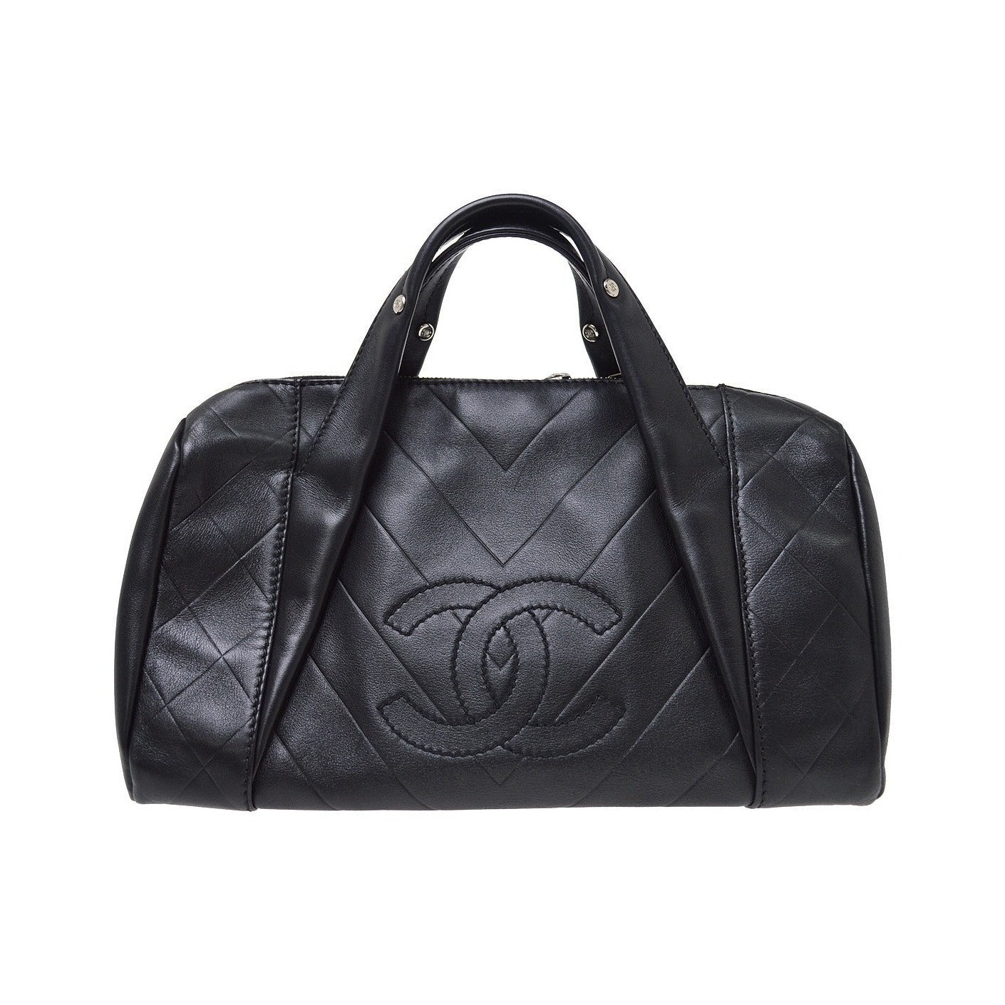 Chanel All Day Long Bowler Chevron Leather, Black, Leather, Tote Bag