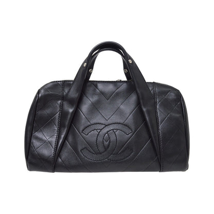 Chanel All Day Long Bowler Chevron Leather, Black, Leather, Tote Bag