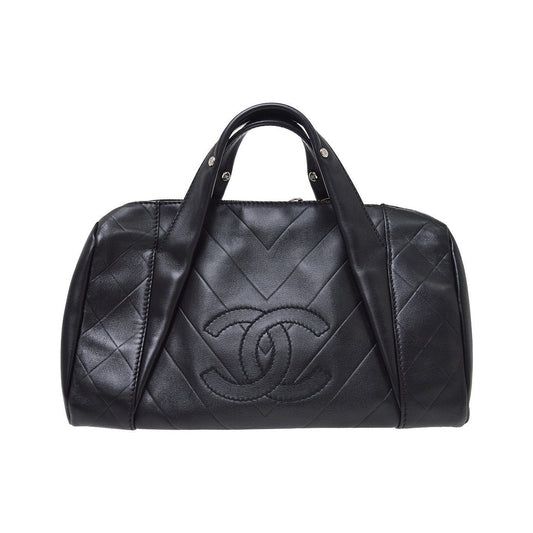 Chanel All Day Long Bowler Chevron Leather, Black, Leather, Tote Bag