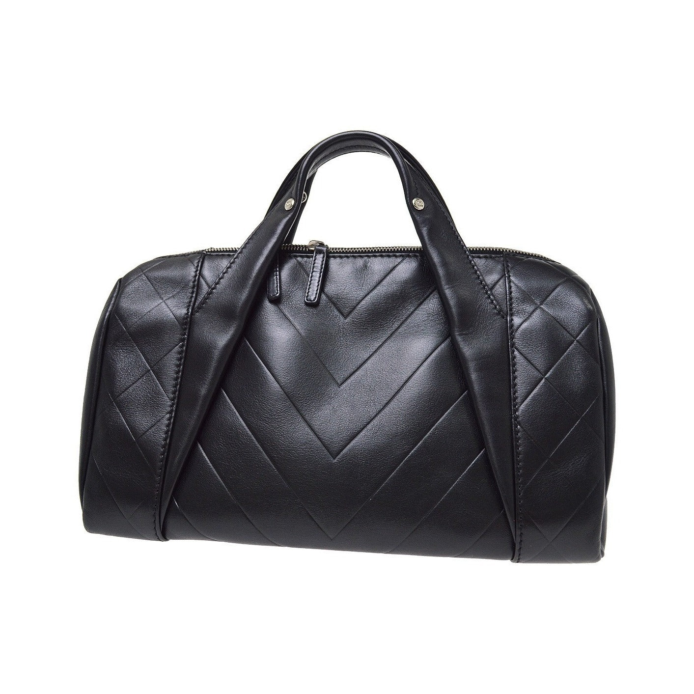 Chanel All Day Long Bowler Chevron Leather, Black, Leather, Tote Bag