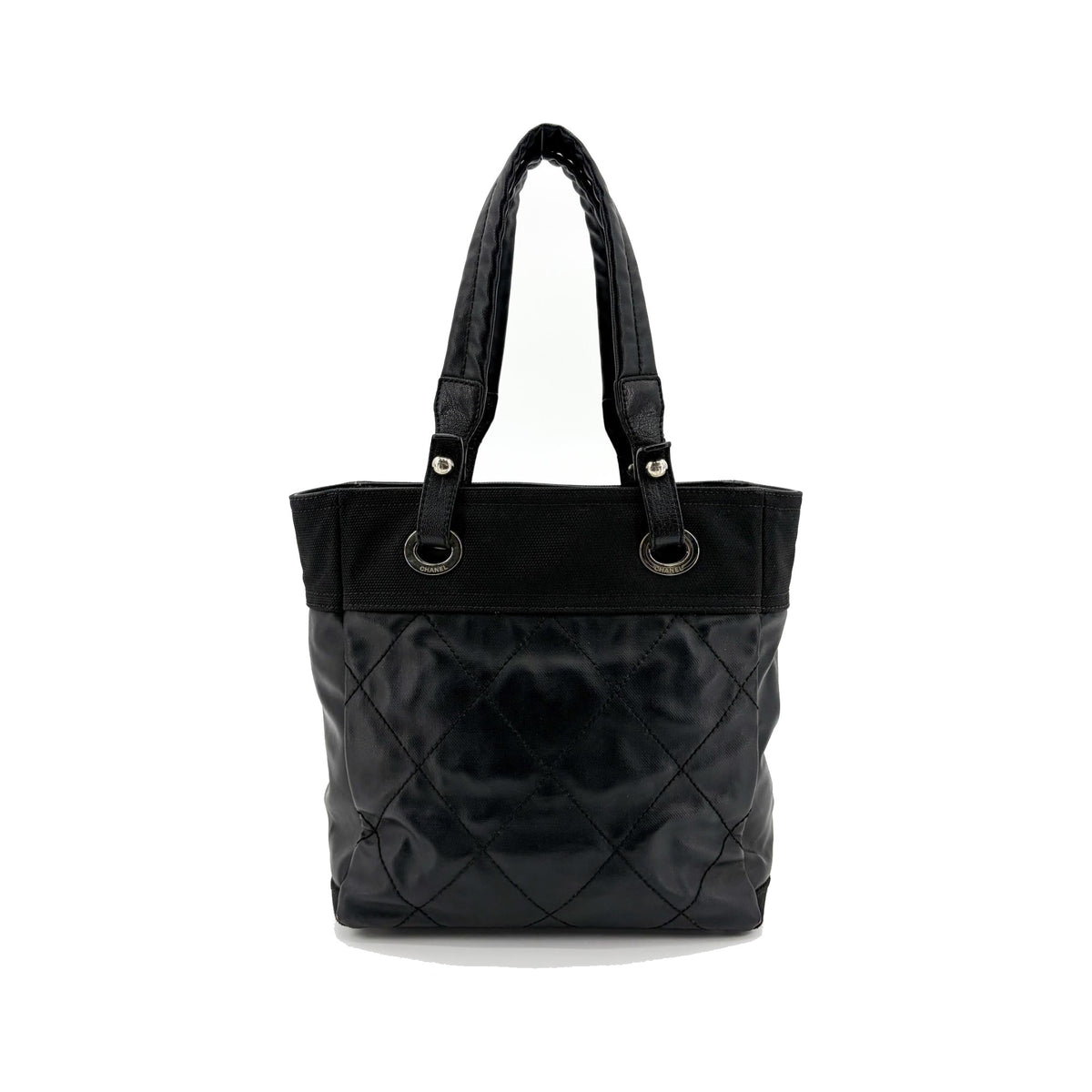 Chanel Biarritz Quilted Coated Canvas, Black, Canvas, Tote Bag