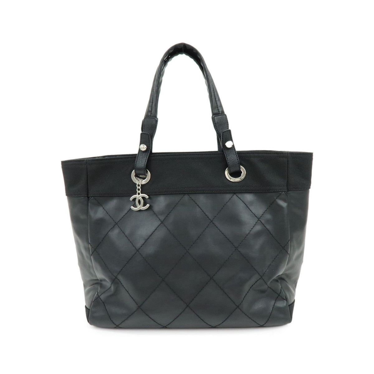 Chanel Biarritz Quilted Coated Canvas, Black, Leather, Tote Bag