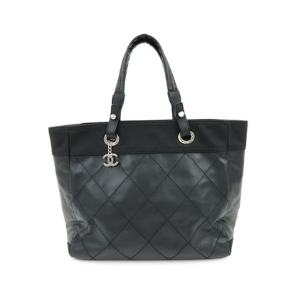 Chanel Biarritz Quilted Coated Canvas, Black, Leather, Tote Bag