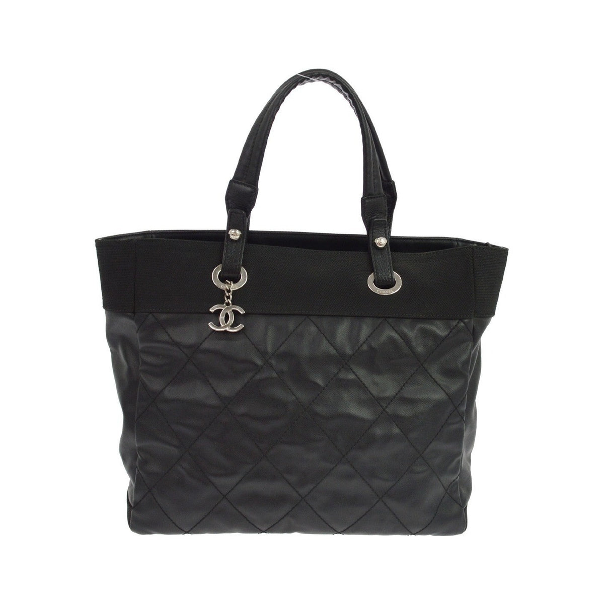 Chanel Biarritz Quilted Coated Canvas, Black, Canvas, Tote Bag