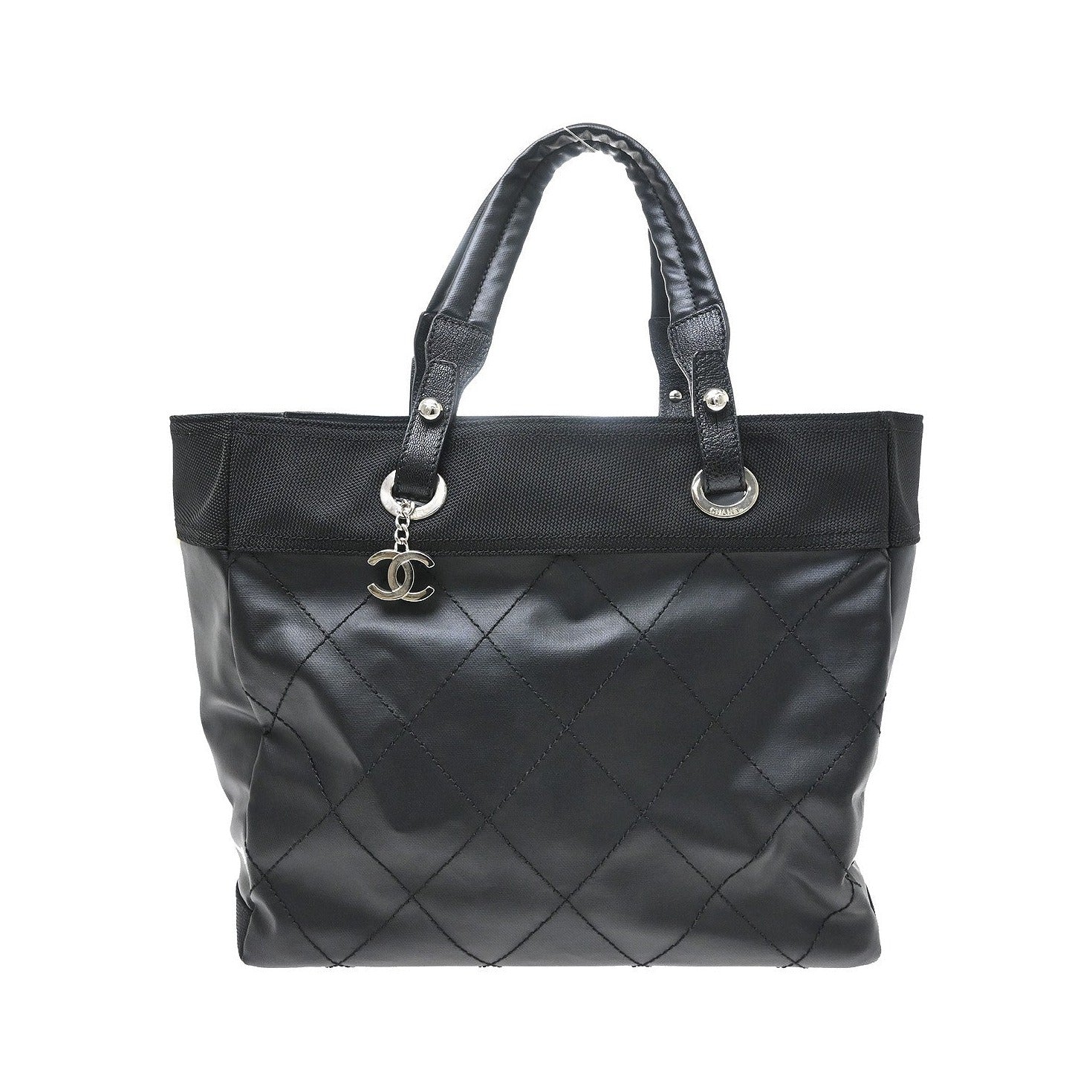 Chanel Biarritz Tote Quilted Coated Canvas, Black, Canvas, Tote Bag