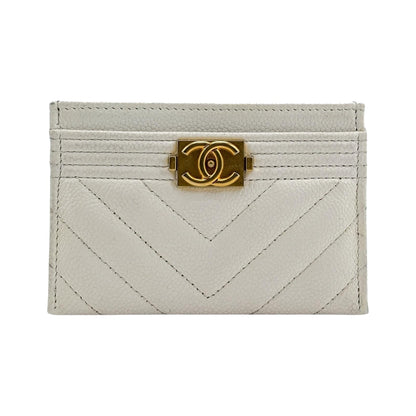 Chanel Boy Card Holder Chevron Caviar, White, Leather, Card Holder