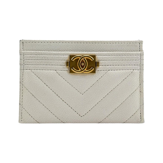 Chanel Boy Card Holder Chevron Caviar, White, Leather, Card Holder
